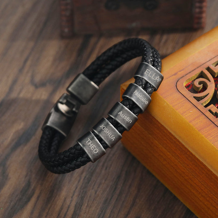 Unique Black Double-Braided Leather Bracelet with 2 Engravings - Herzschmuck
